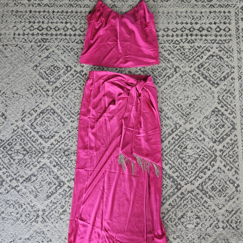 NWT Rachel Zoe Set Skirt & Top Spaghetti Straps Size S Hot Pink Rhinestones